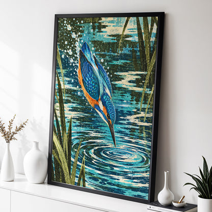 Kingfisher in Motion, blue, orange, green nature wall art displayed in a styled interior, gallery view 2