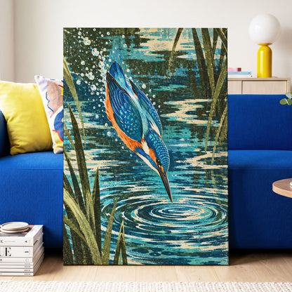 Kingfisher in Motion, blue, orange, green nature wall art displayed in a styled interior, gallery view 3
