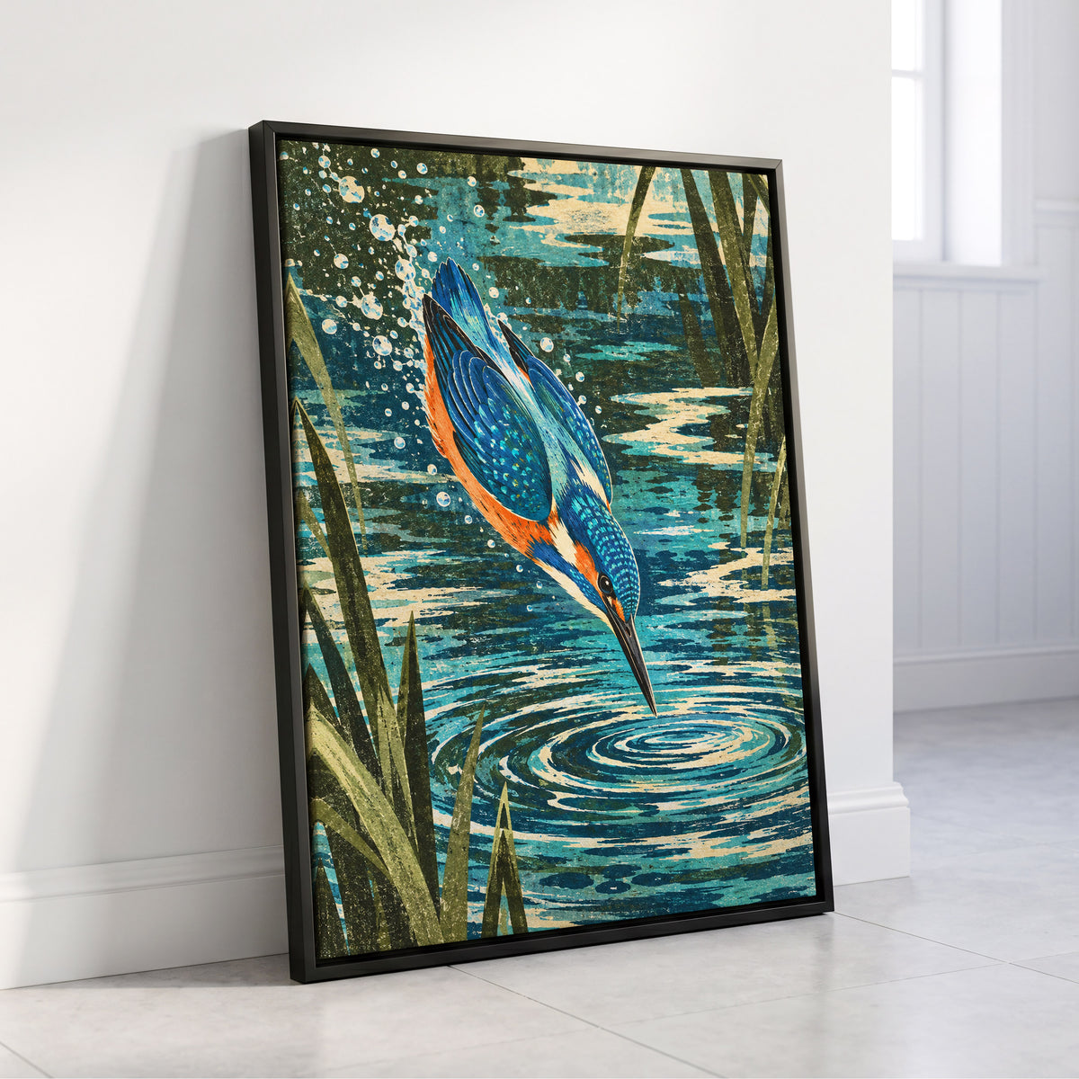 Kingfisher in Motion, blue, orange, green nature wall art displayed in a styled interior, gallery view 4