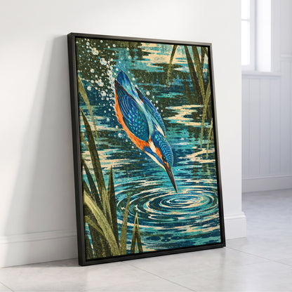 Kingfisher in Motion, blue, orange, green nature wall art displayed in a styled interior, gallery view 4
