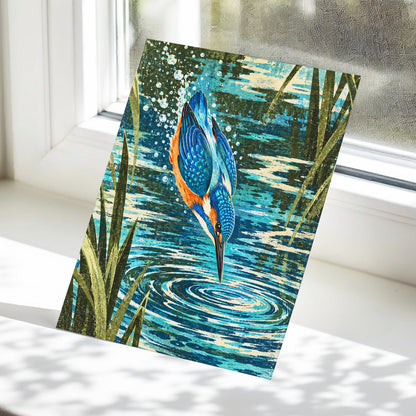 Kingfisher in Motion, blue, orange, green nature wall art displayed in a styled interior, gallery view 5