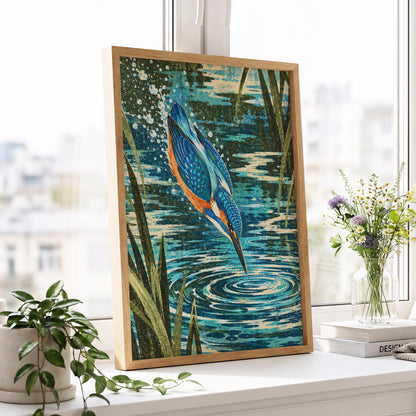 Kingfisher in Motion, blue, orange, green nature wall art displayed in a styled interior, gallery view 6