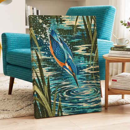 Kingfisher in Motion, blue, orange, green nature wall art displayed in a styled interior, gallery view 7