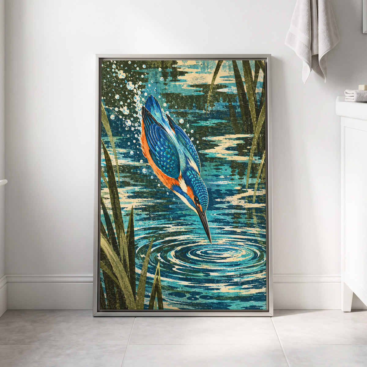 Kingfisher in Motion, blue, orange, green nature wall art displayed in a styled interior, gallery view 8