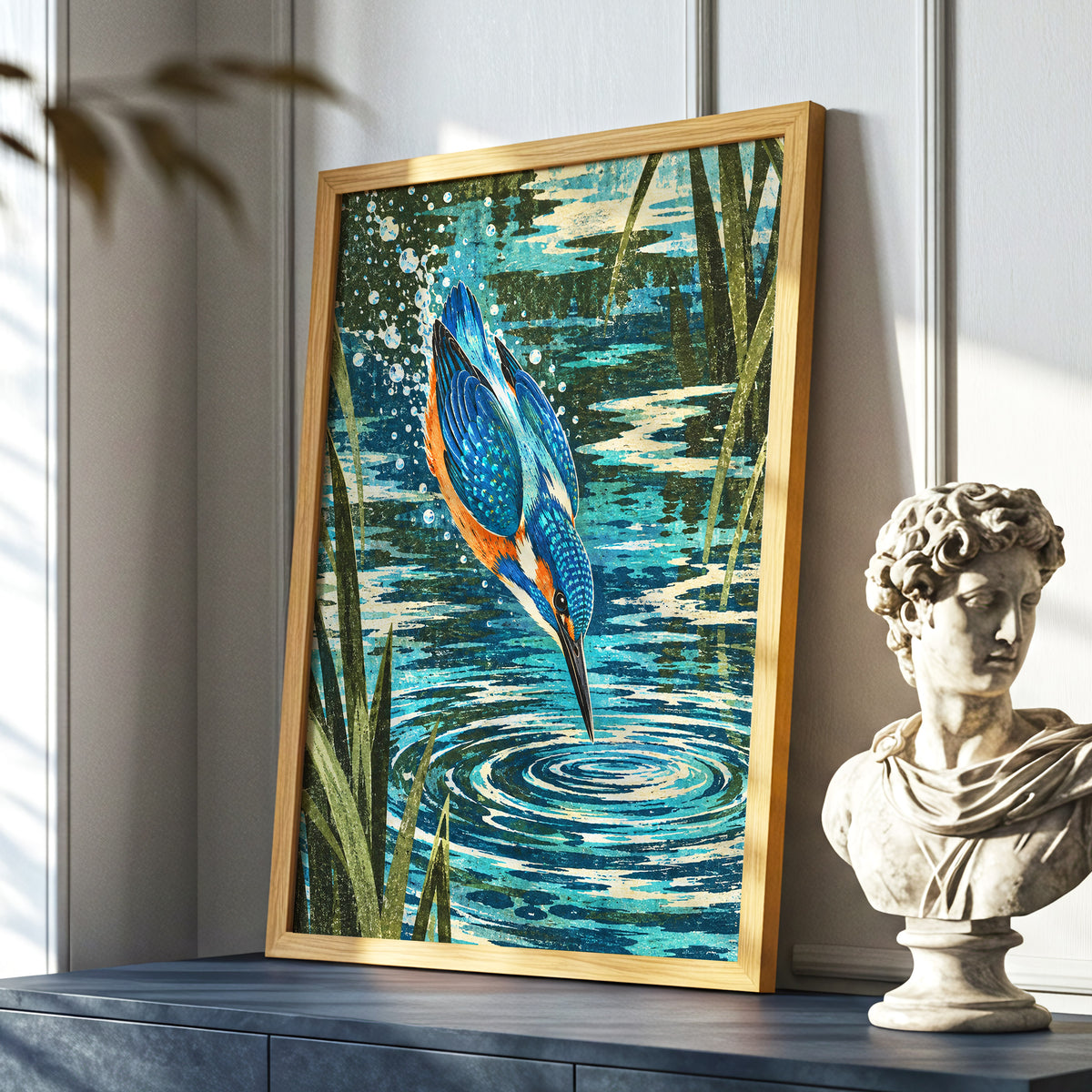 Kingfisher in Motion, blue, orange, green nature wall art displayed in a styled interior, gallery view 9