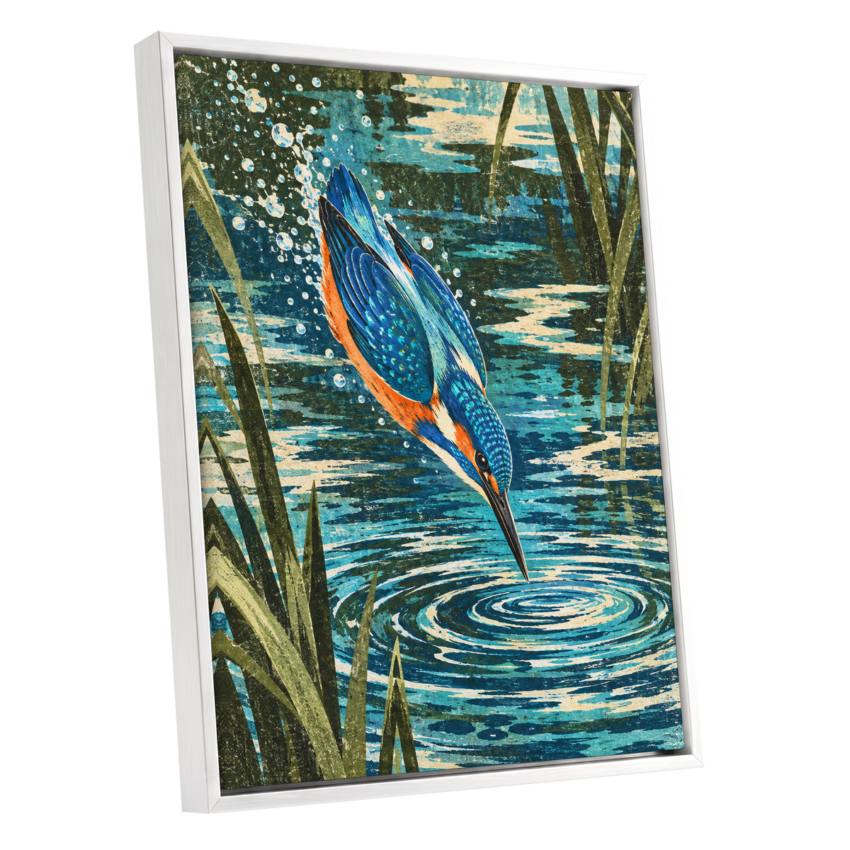 Kingfisher in Motion, blue, orange, green nature wall art shown as a white framed canvas wall art