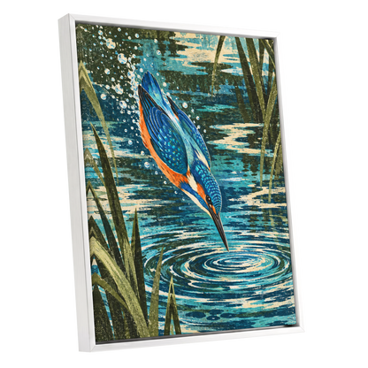 Kingfisher in Motion, blue, orange, green nature wall art shown as a white framed canvas wall art