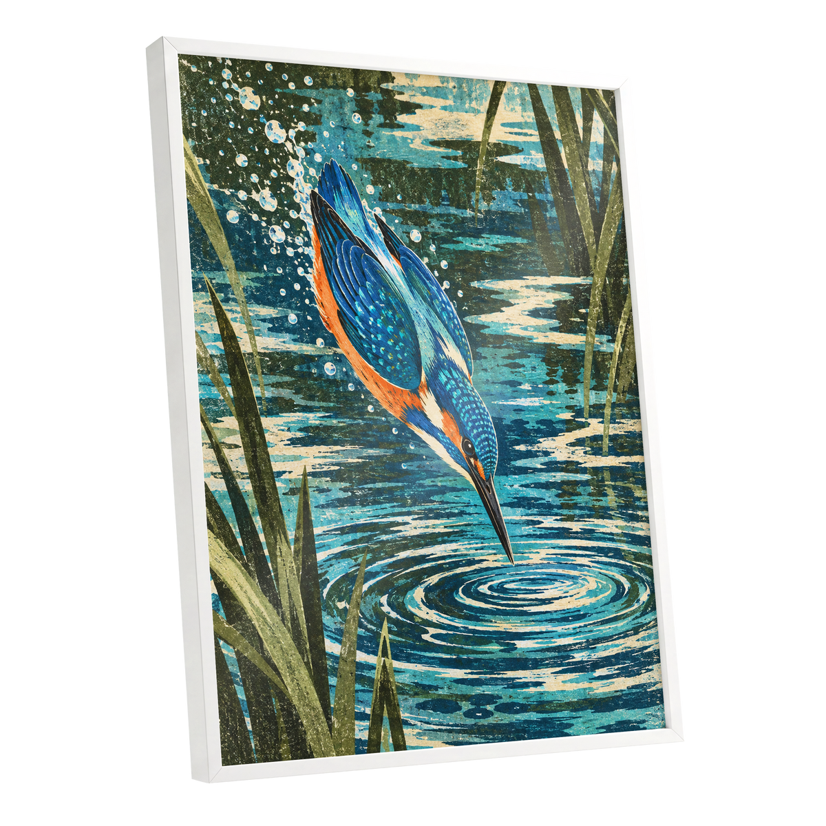 Kingfisher in Motion, blue, orange, green nature wall art shown as a white framed poster wall art print