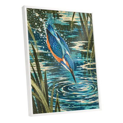 Kingfisher in Motion, blue, orange, green nature wall art shown as a white framed poster wall art print
