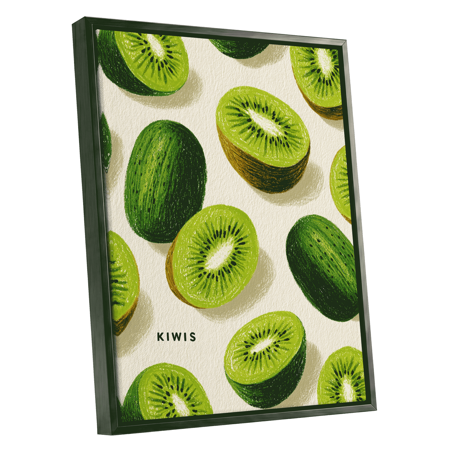 Kiwi Scatter, green, beige, brown nature wall art shown as a black framed canvas wall art