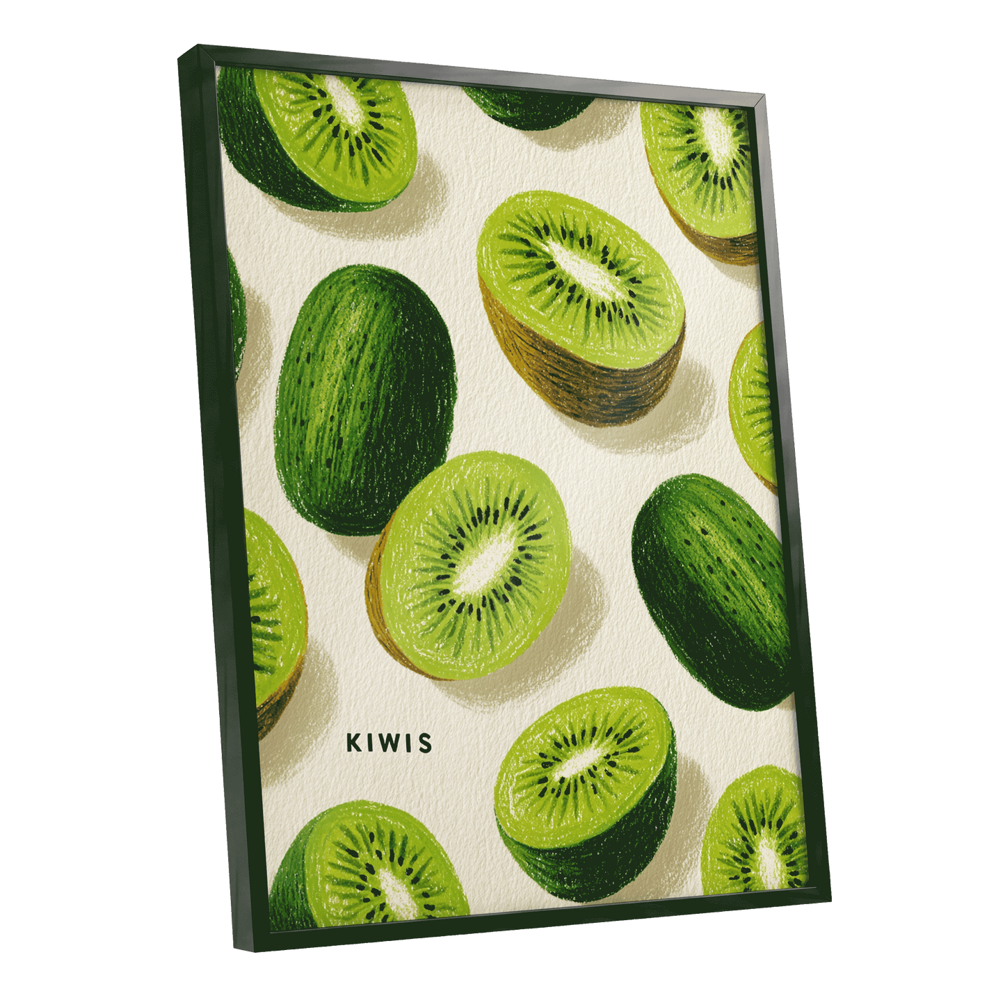 Kiwi Scatter, green, beige, brown nature wall art shown as a black framed poster wall art print