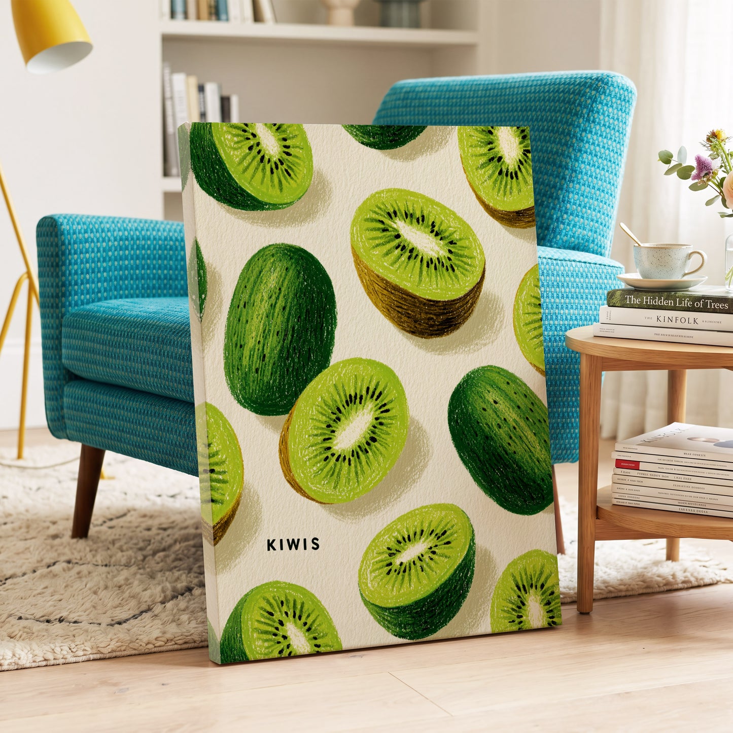 Kiwi Scatter, green, beige, brown nature wall art on canvas displayed in a styled interior, gallery view 2