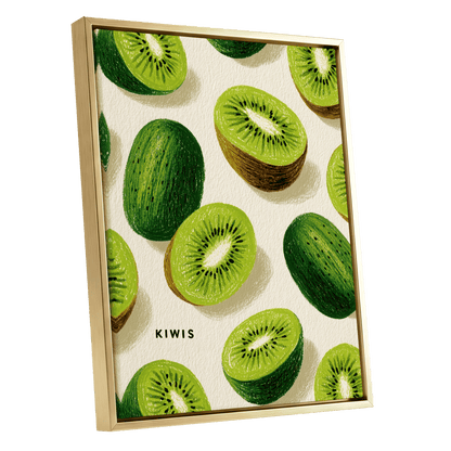 Kiwi Scatter, green, beige, brown nature wall art shown as a gold framed canvas wall art