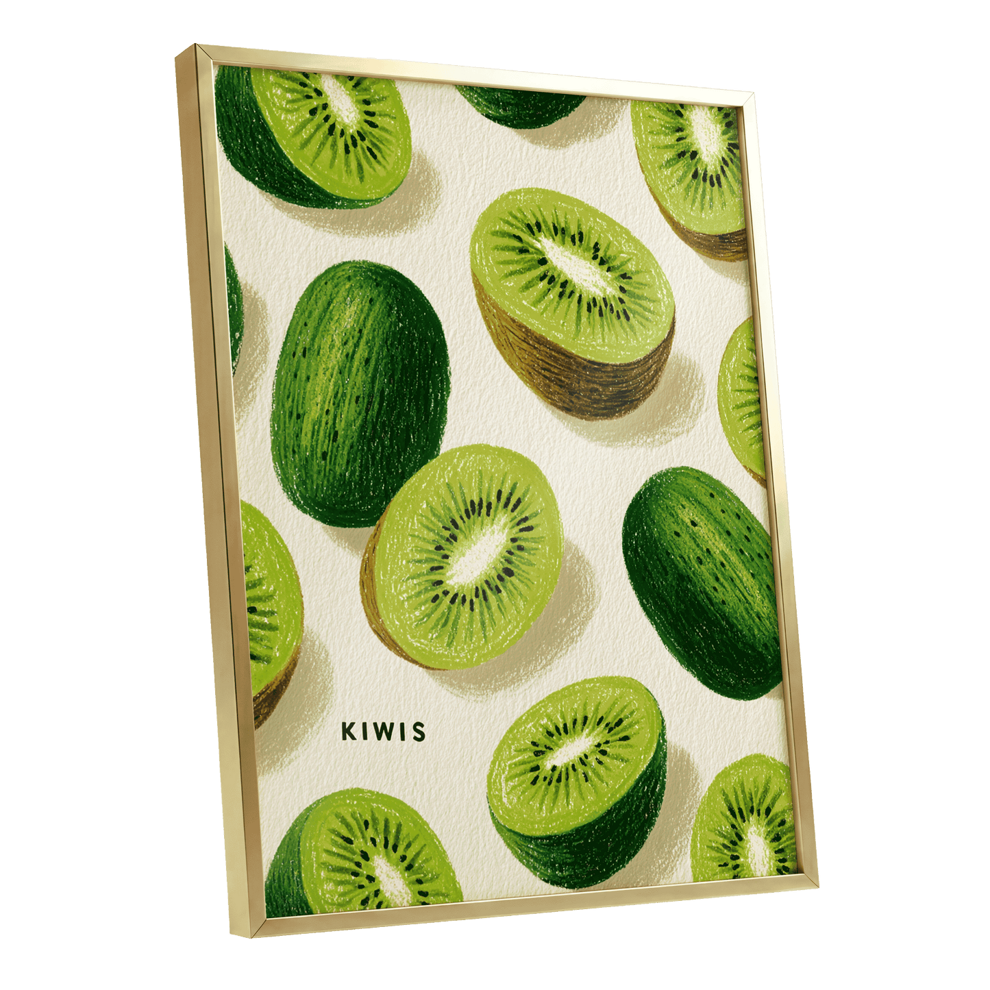 Kiwi Scatter, green, beige, brown nature wall art shown as a gold framed poster wall art print