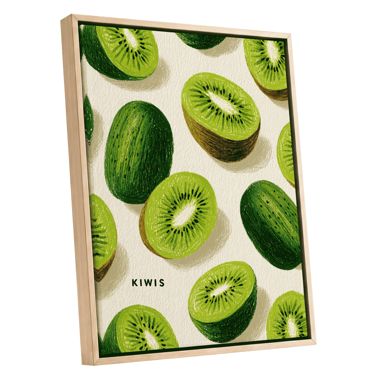 Kiwi Scatter, green, beige, brown nature wall art shown as a oak framed canvas wall art