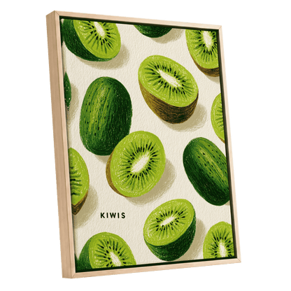 Kiwi Scatter, green, beige, brown nature wall art shown as a oak framed canvas wall art