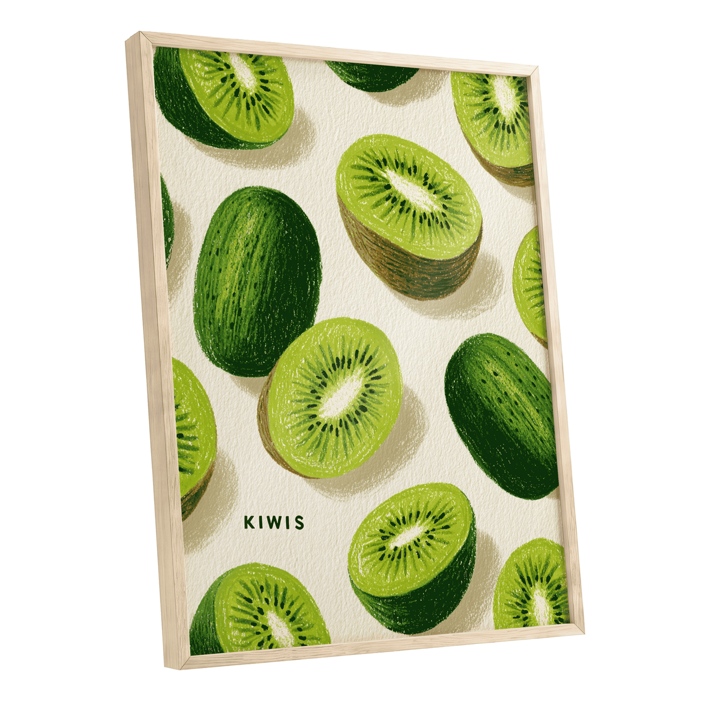 Kiwi Scatter, green, beige, brown nature wall art shown as a oak framed poster wall art print