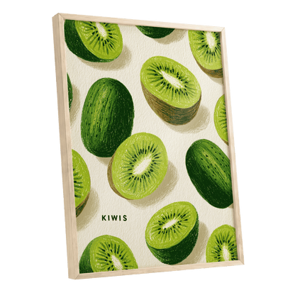 Kiwi Scatter, green, beige, brown nature wall art shown as a oak framed poster wall art print
