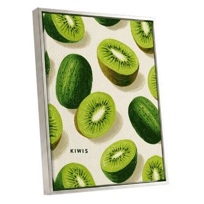 Kiwi Scatter, green, beige, brown nature wall art shown as a silver framed canvas wall art