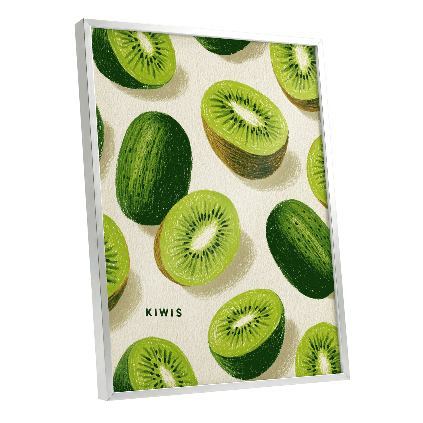 Kiwi Scatter, green, beige, brown nature wall art shown as a silver framed poster wall art print