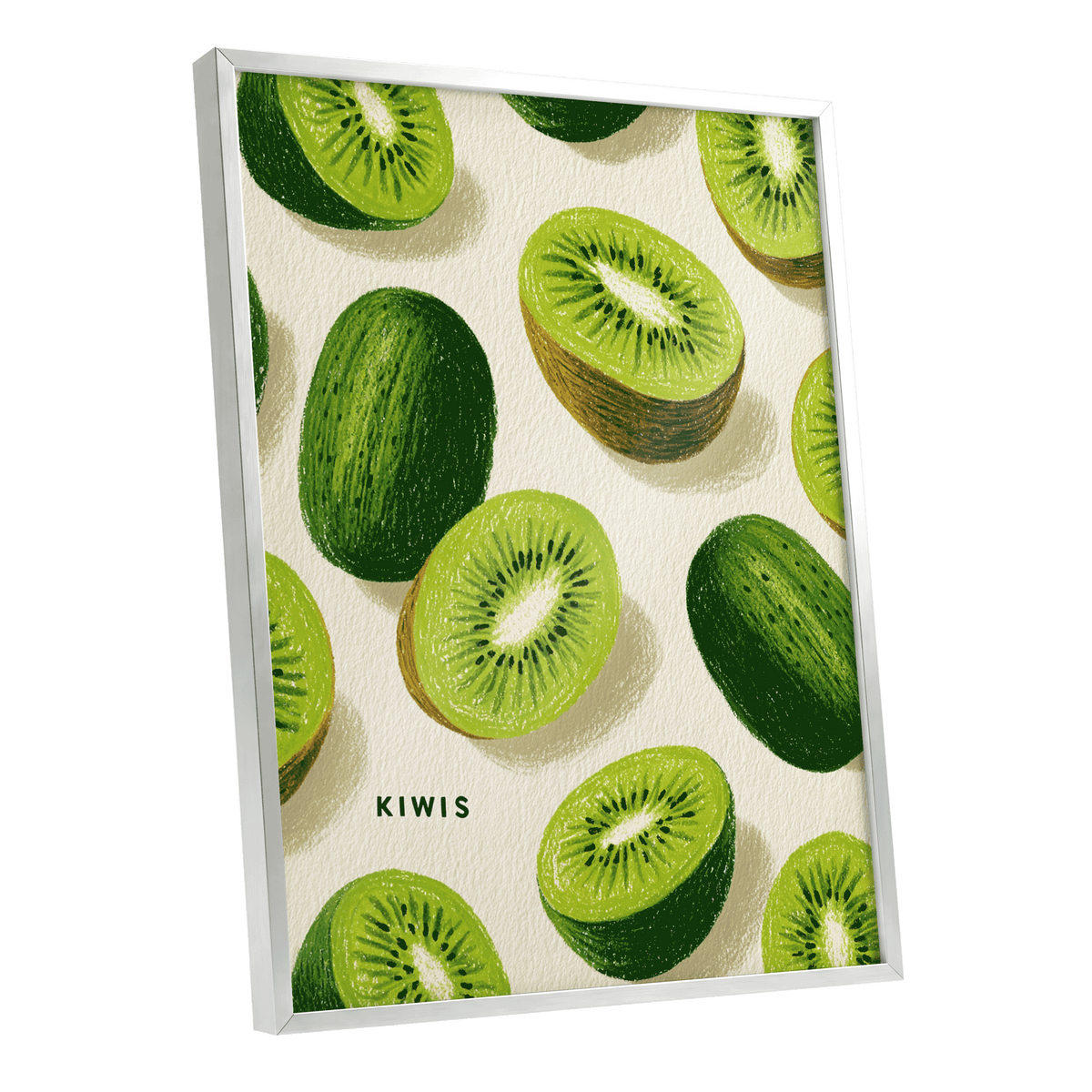Kiwi Scatter, green, beige, brown nature wall art shown as a silver framed poster wall art print
