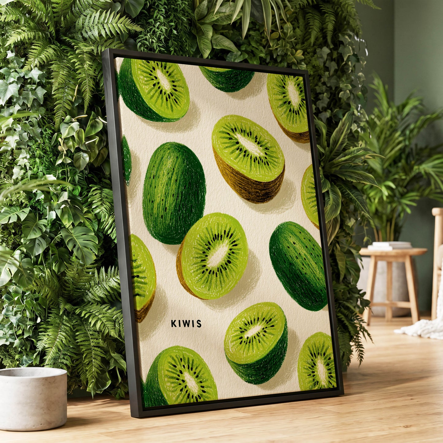 Kiwi Scatter, green, beige, brown nature wall art displayed in a styled interior, gallery view 1