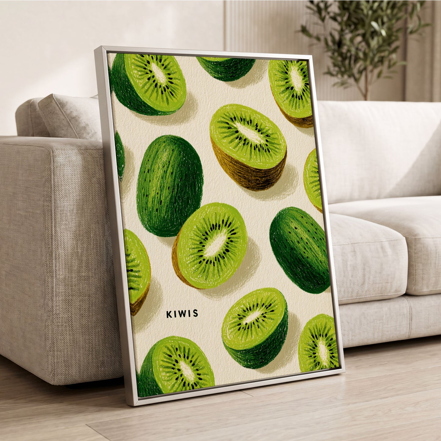 Kiwi Scatter, green, beige, brown nature wall art displayed in a styled interior, gallery view 2