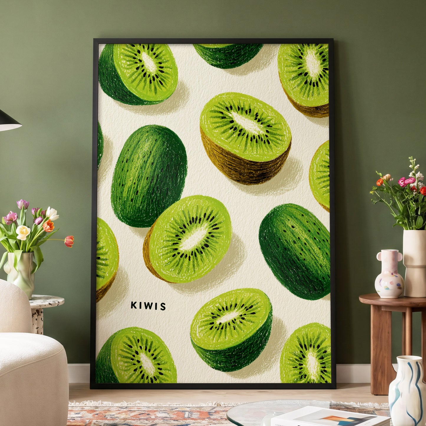Kiwi Scatter, green, beige, brown nature wall art displayed in a styled interior, gallery view 4