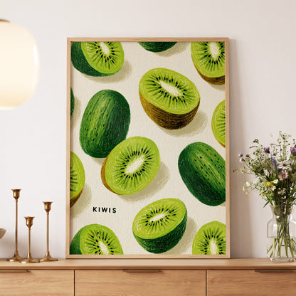 Kiwi Scatter, green, beige, brown nature wall art displayed in a styled interior, gallery view 5