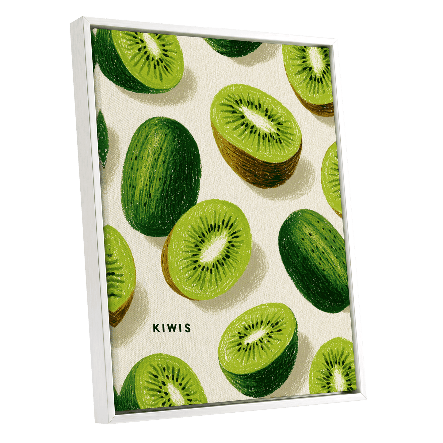 Kiwi Scatter, green, beige, brown nature wall art shown as a white framed canvas wall art