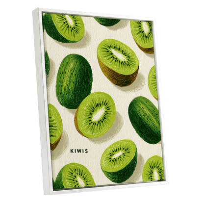 Kiwi Scatter, green, beige, brown nature wall art shown as a white framed canvas wall art