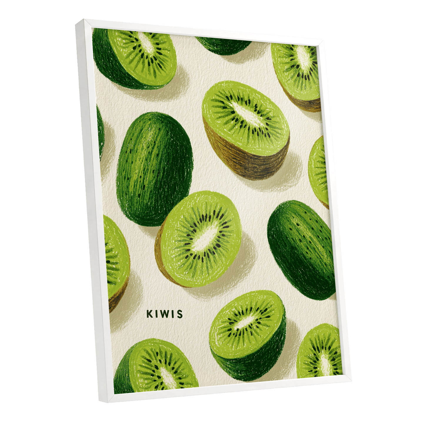 Kiwi Scatter, green, beige, brown nature wall art shown as a white framed poster wall art print
