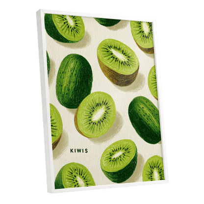 Kiwi Scatter, green, beige, brown nature wall art shown as a white framed poster wall art print