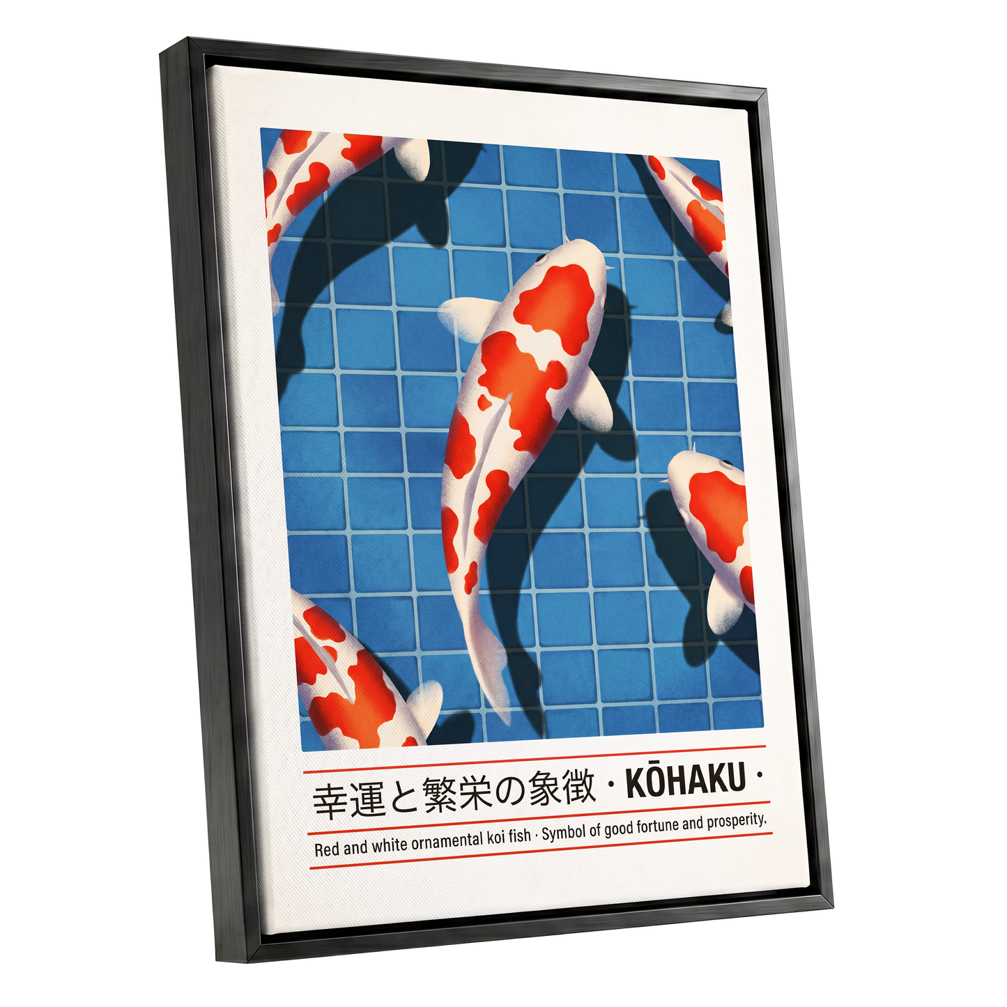 Kohaku in Blue, blue, red, white nature wall art shown as a black framed canvas wall art