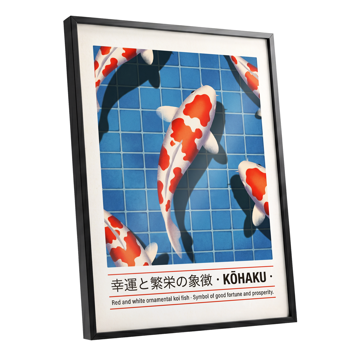 Kohaku in Blue, blue, red, white nature wall art shown as a black framed poster wall art print