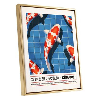 Kohaku in Blue, blue, red, white nature wall art shown as a gold framed canvas wall art