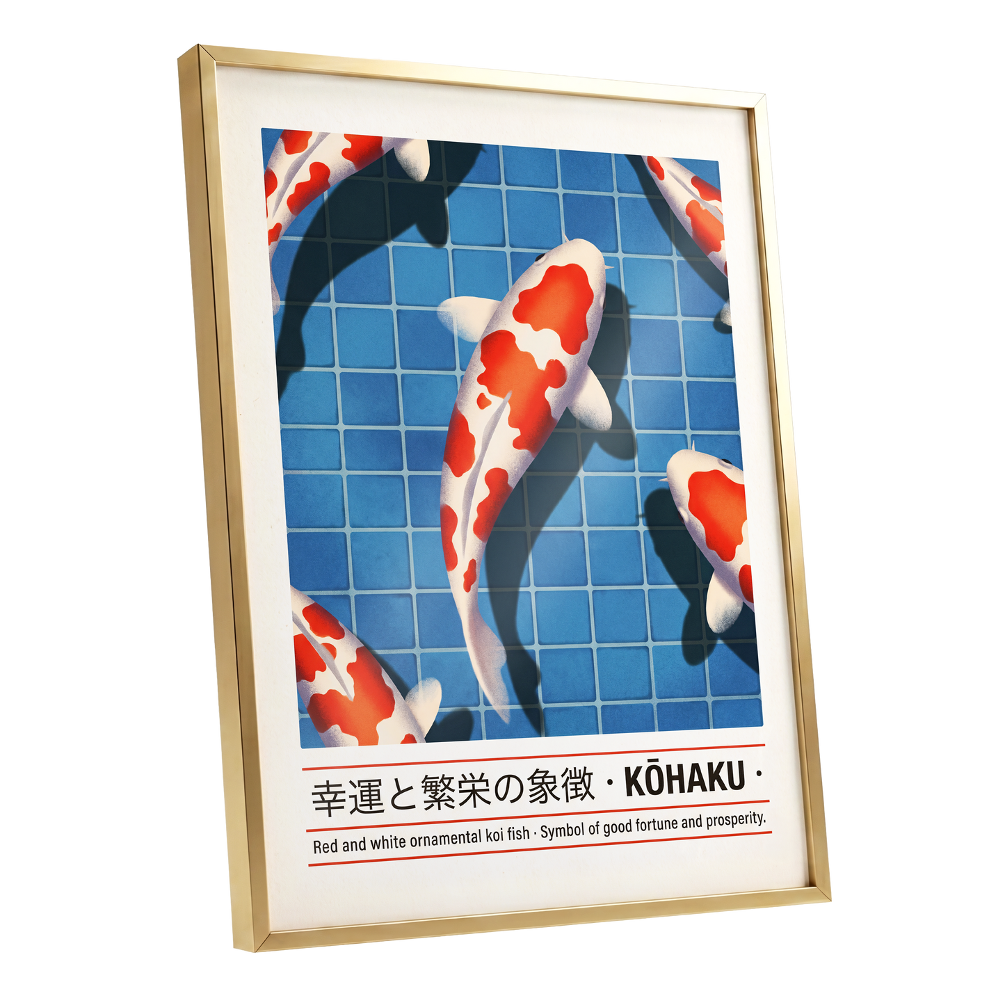 Kohaku in Blue, blue, red, white nature wall art shown as a gold framed poster wall art print