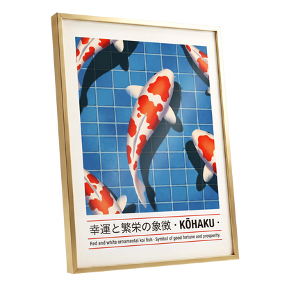 Kohaku in Blue, blue, red, white nature wall art shown as a gold framed poster wall art print