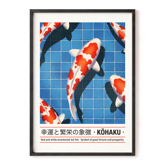 Kohaku in Blue, blue, red, white nature wall art, front artwork view