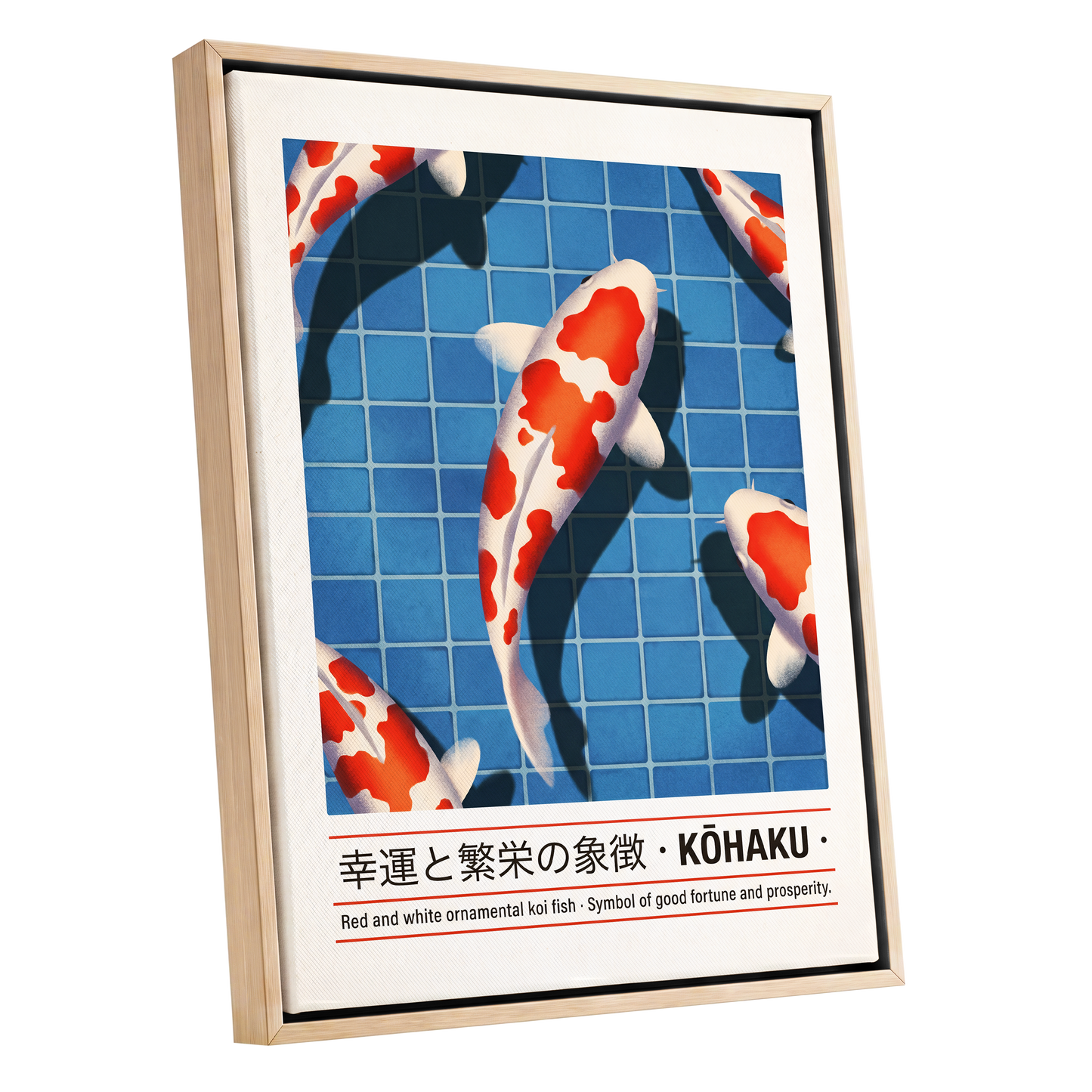 Kohaku in Blue, blue, red, white nature wall art shown as a oak framed canvas wall art