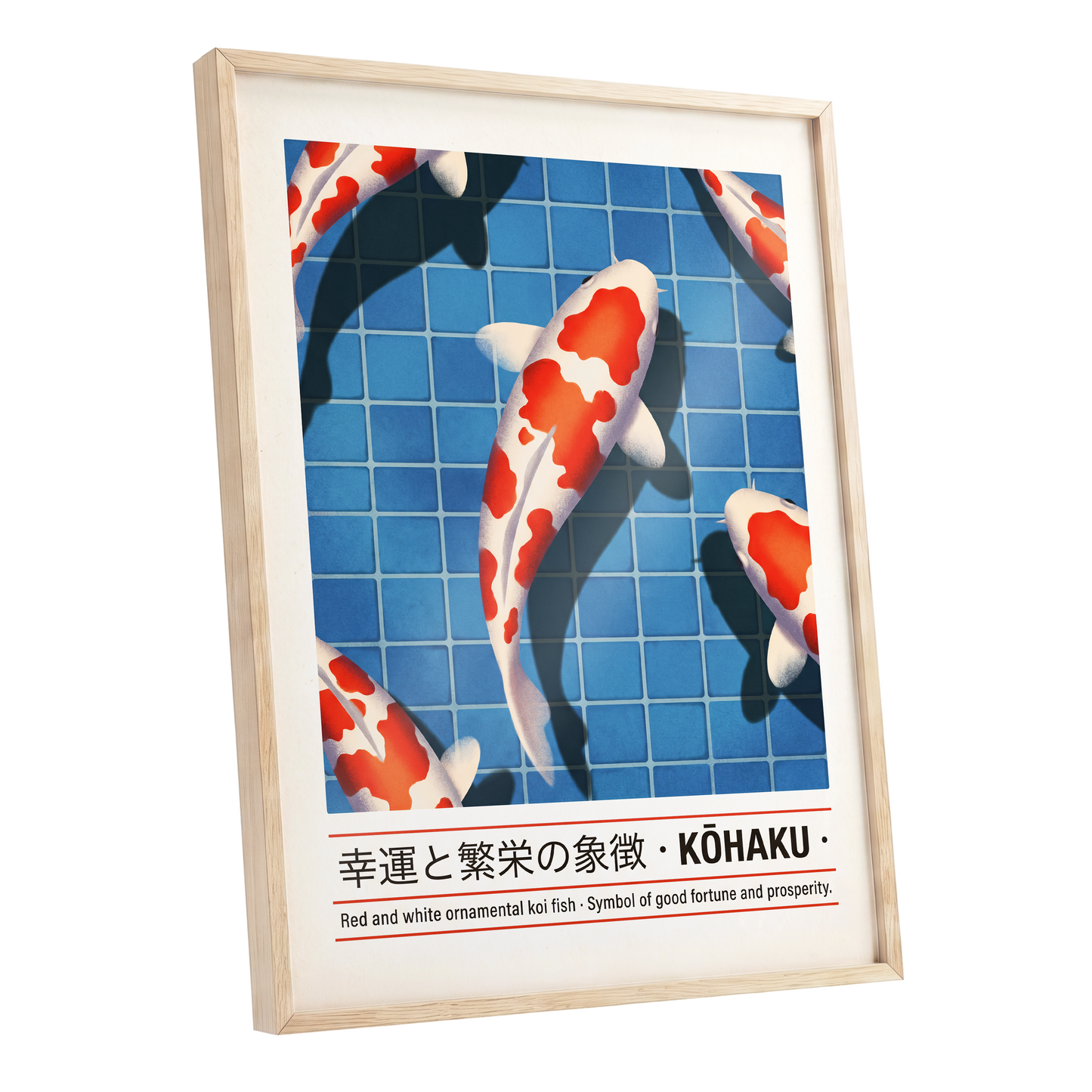Kohaku in Blue, blue, red, white nature wall art shown as a oak framed poster wall art print
