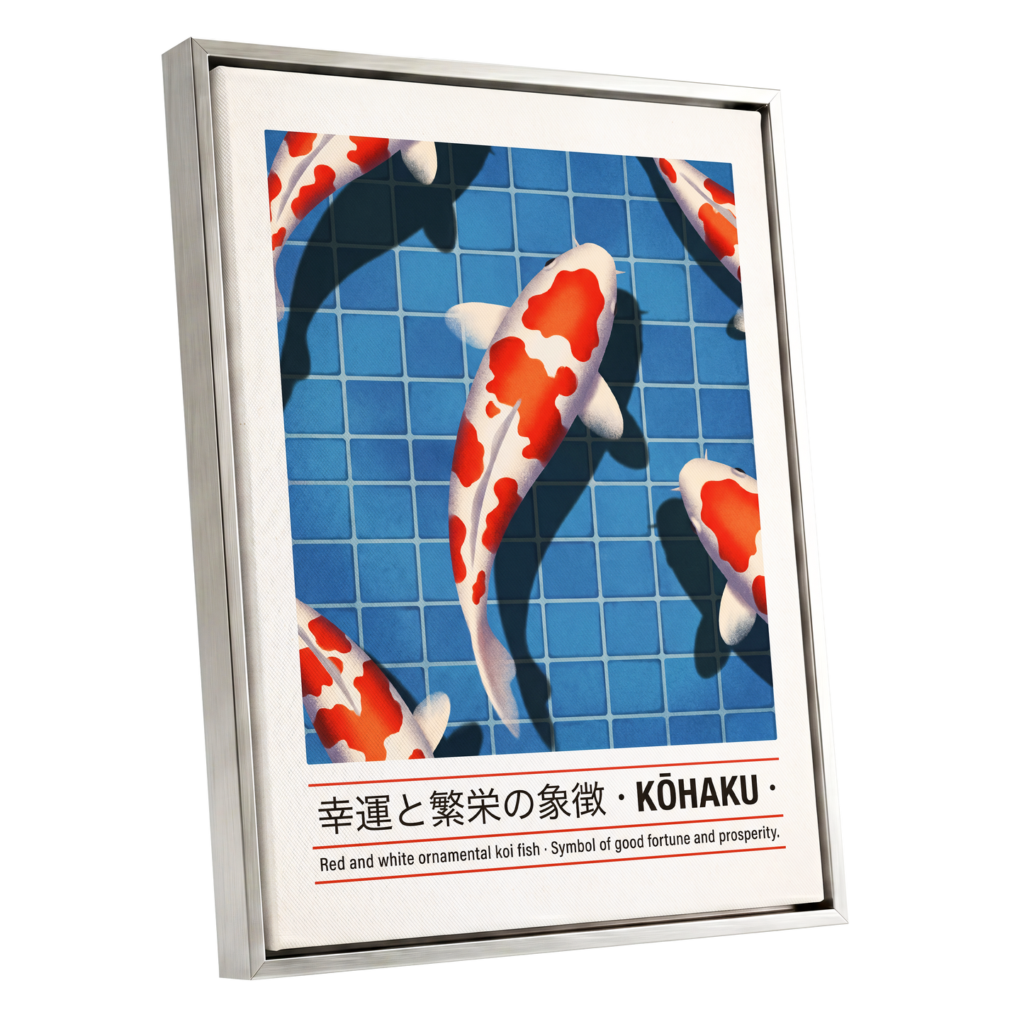 Kohaku in Blue, blue, red, white nature wall art shown as a silver framed canvas wall art