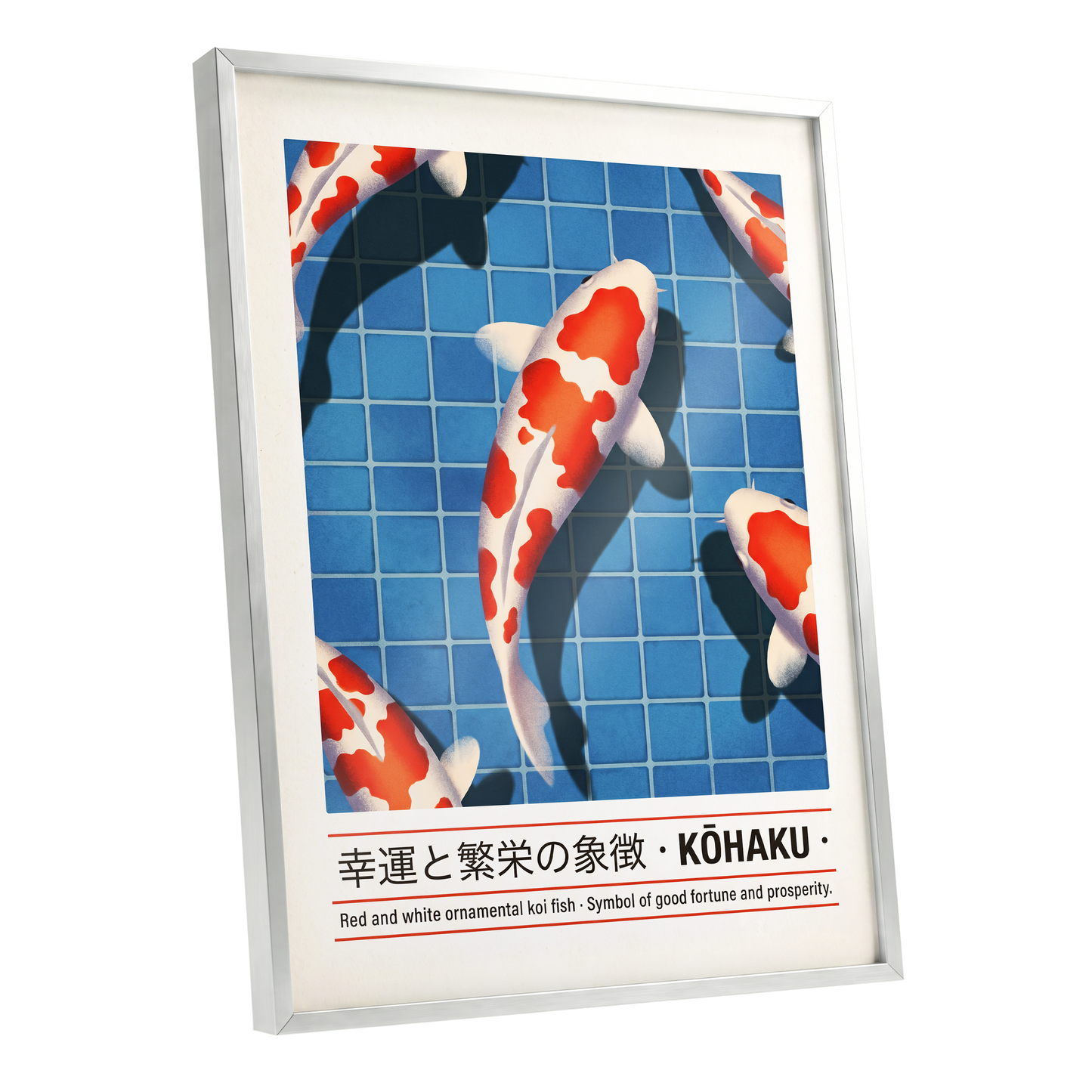 Kohaku in Blue, blue, red, white nature wall art shown as a silver framed poster wall art print