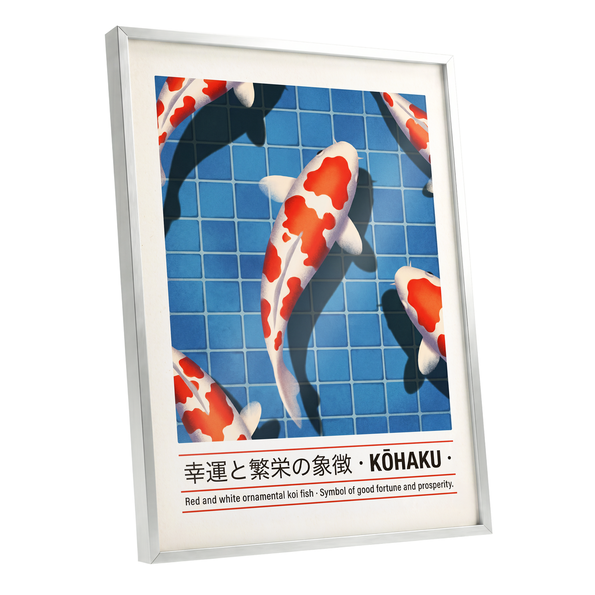 Kohaku in Blue, blue, red, white nature wall art shown as a silver framed poster wall art print