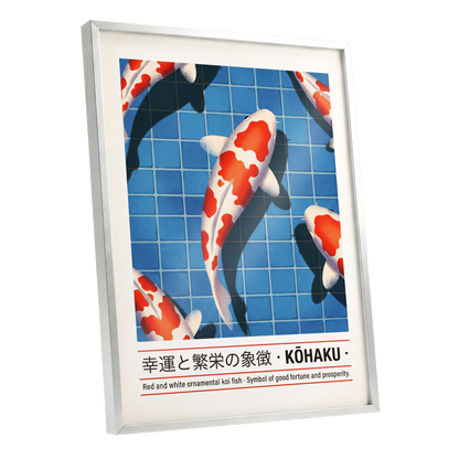 Kohaku in Blue, blue, red, white nature wall art shown as a silver framed poster wall art print