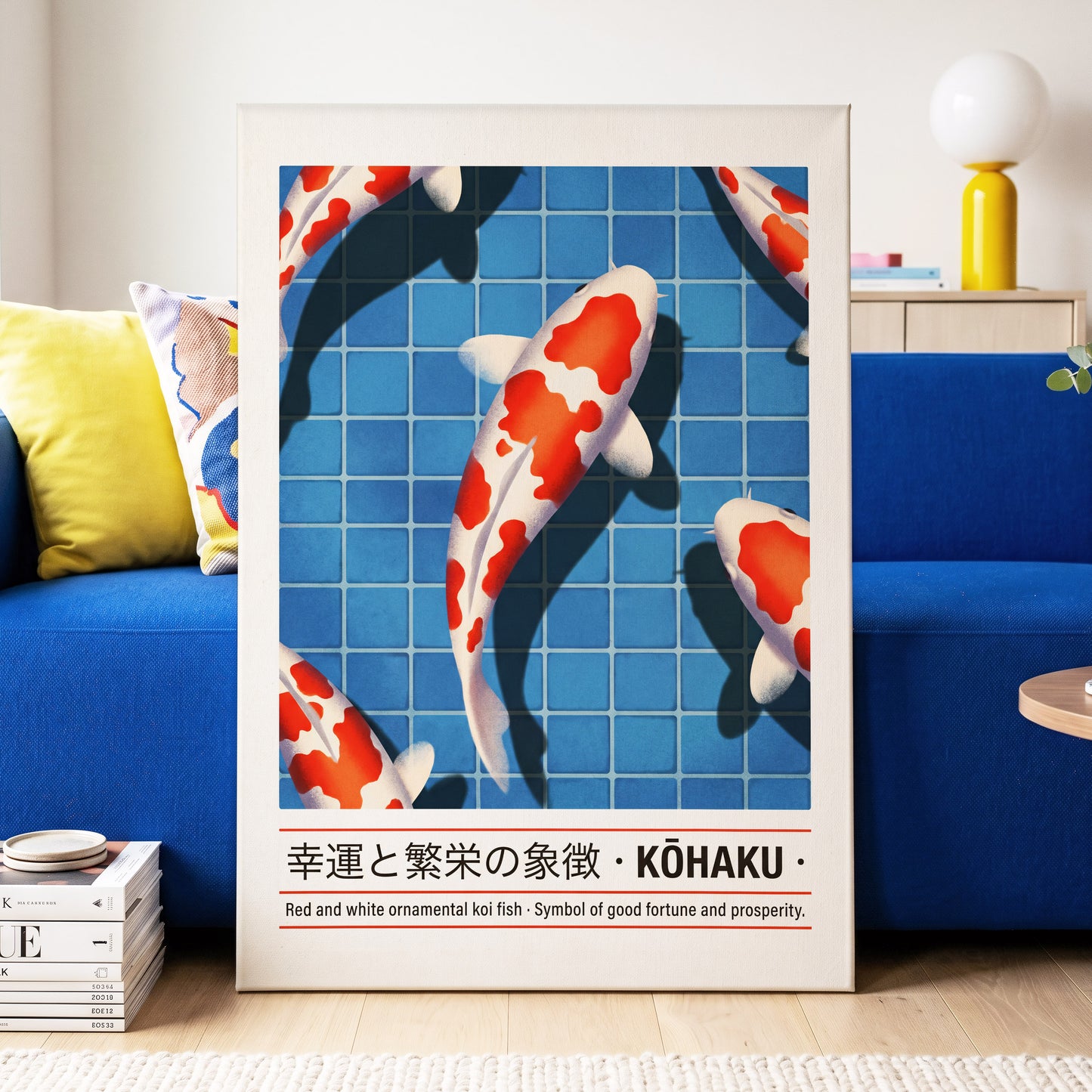 Kohaku in Blue, blue, red, white nature wall art displayed in a styled interior, gallery view 3