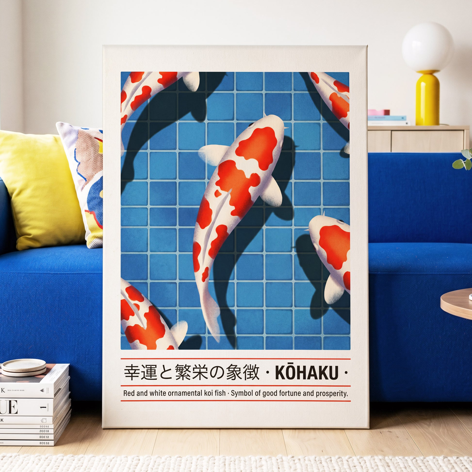 Kohaku in Blue, blue, red, white nature wall art displayed in a styled interior, gallery view 3