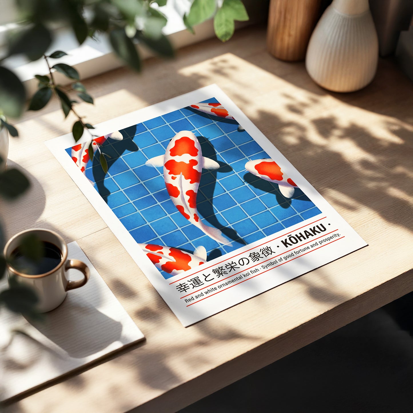 Kohaku in Blue, blue, red, white nature wall art displayed in a styled interior, gallery view 5