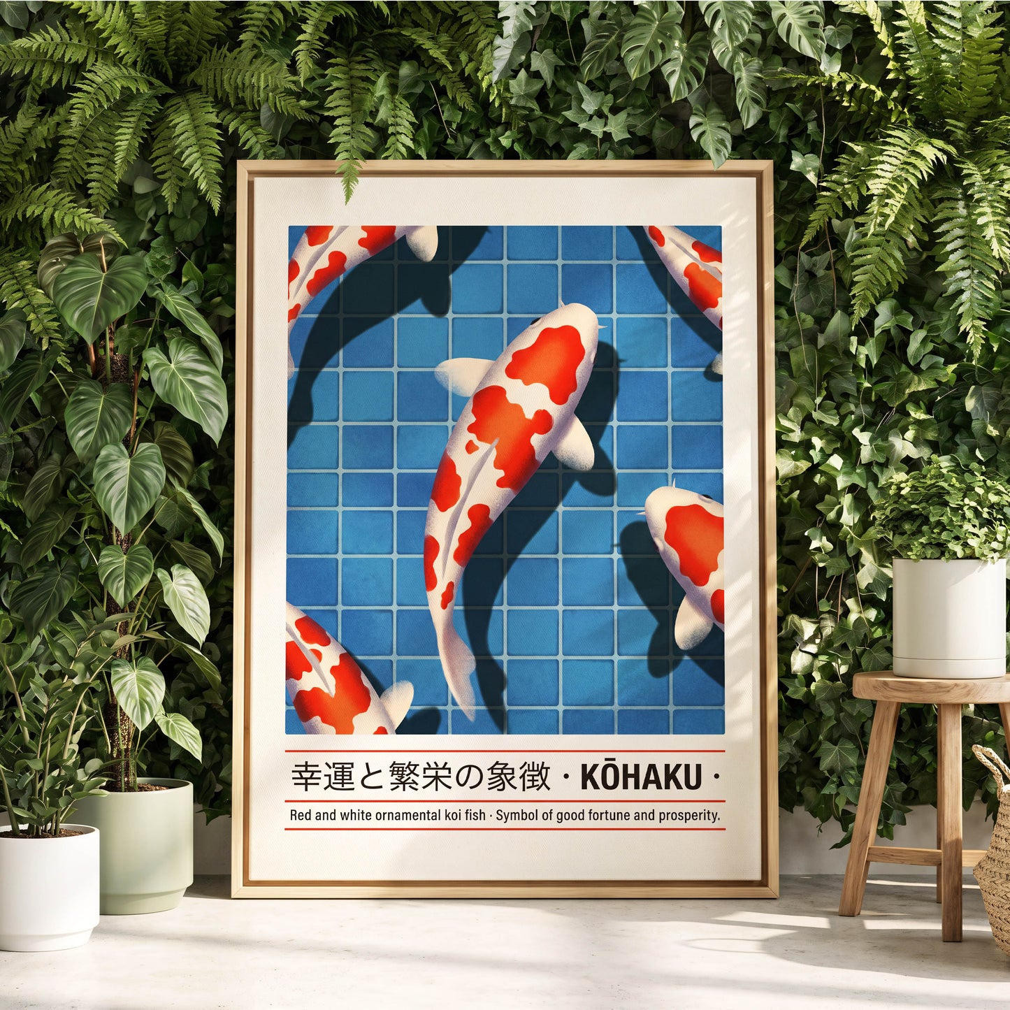 Kohaku in Blue, blue, red, white nature wall art displayed in a styled interior, gallery view 8