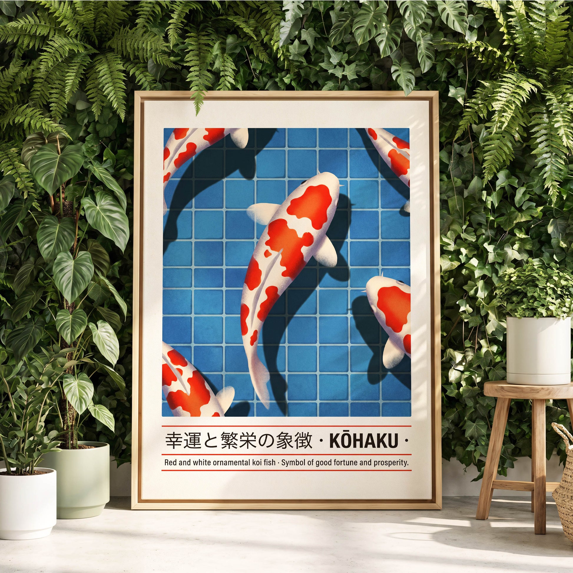 Kohaku in Blue, blue, red, white nature wall art displayed in a styled interior, gallery view 8